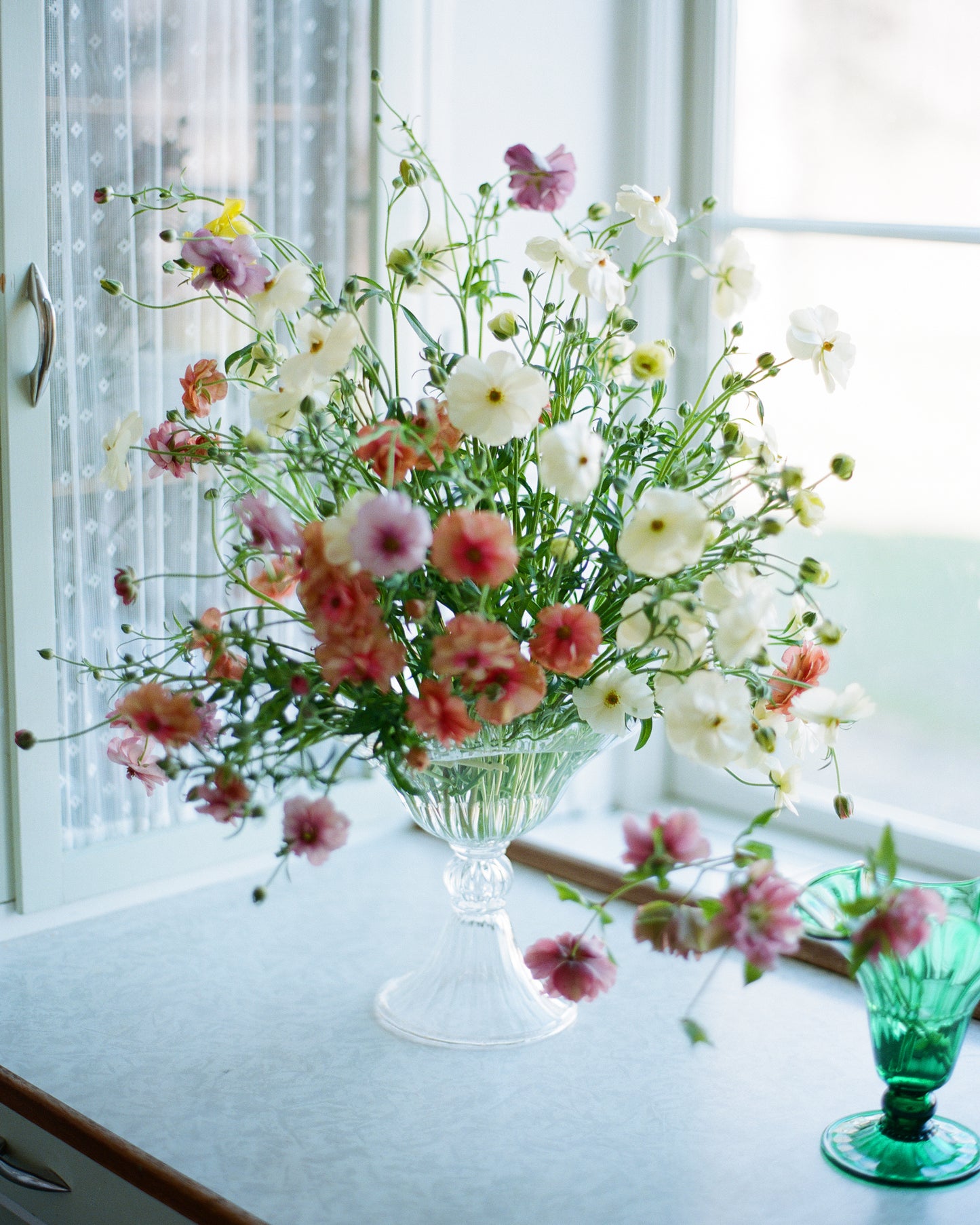 Large mouth blown clear Murano vase in window with flowers.