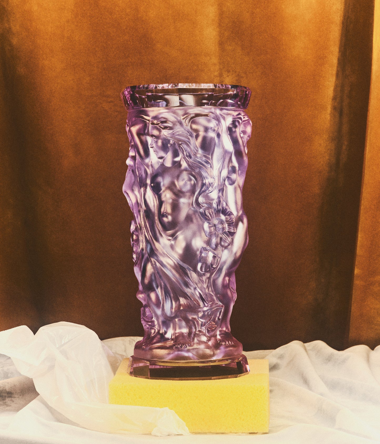 Mouth blown large purple Murano vase with sculptural flowers and women silhouettes.