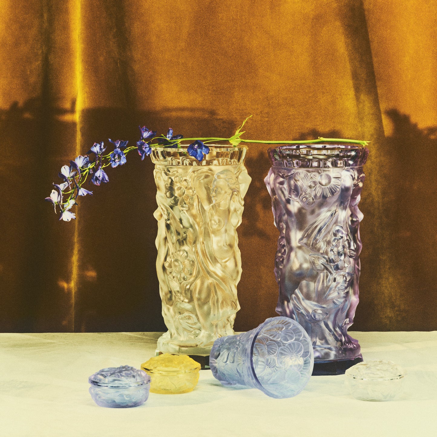 Two mouth blown large Murano vase with sculptural flowers and women silhouettes.