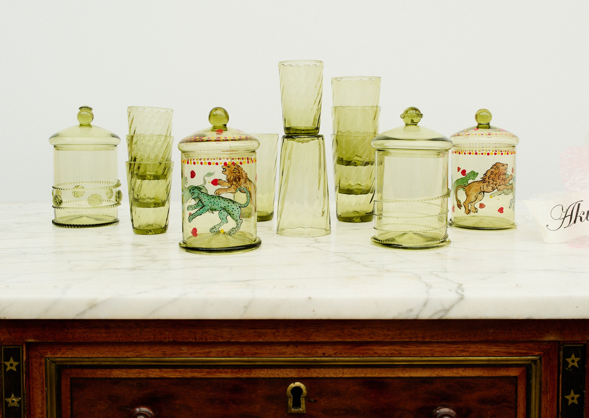Green Murano glasses and bonbonnieres.