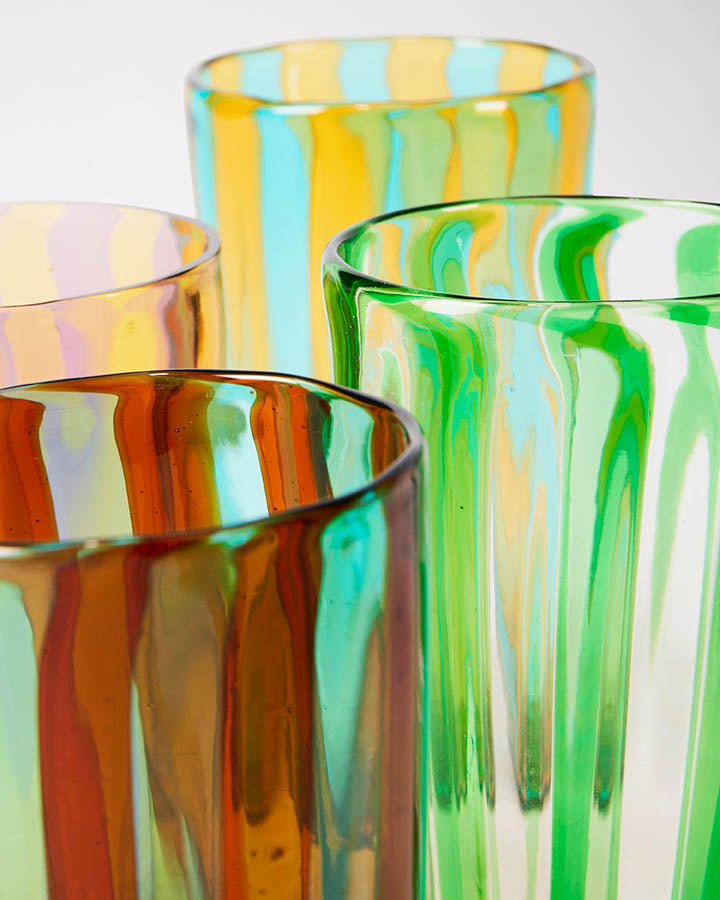4 small striped handmade Murano glasses in green, blue, yellow, pink and brown.