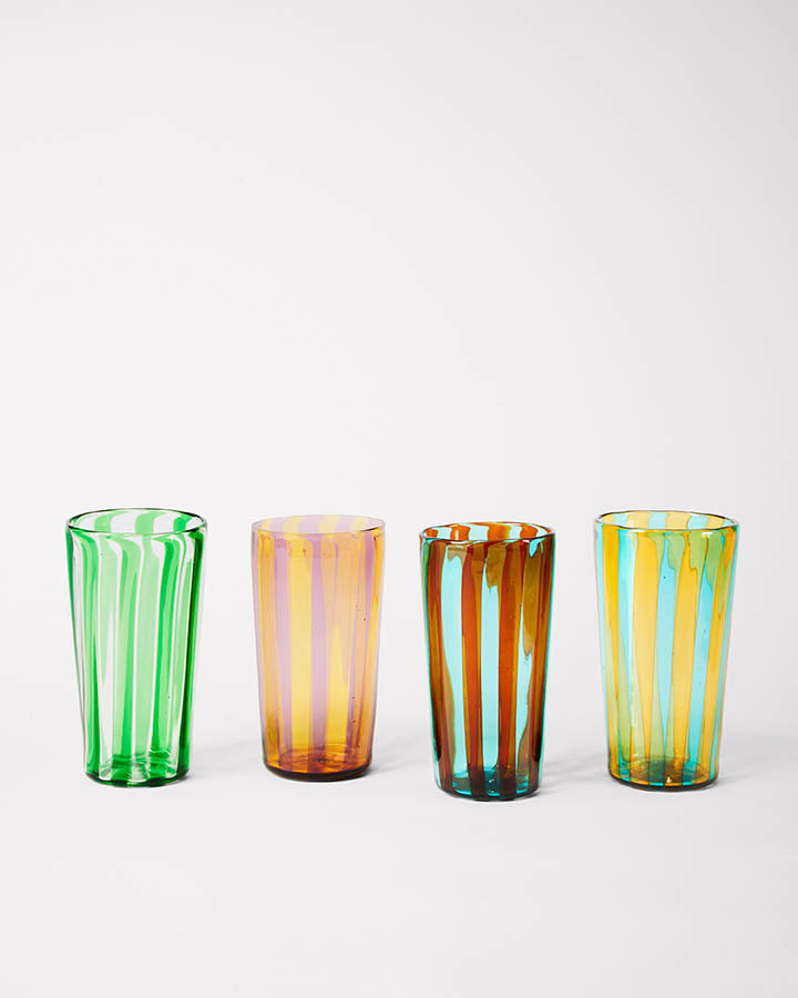 Set of 4 striped handmade Murano glasses in blue, brown, green, pink and yellow.