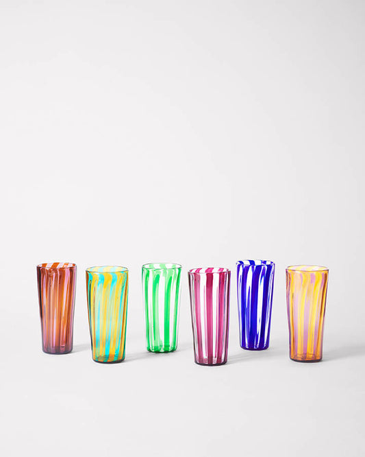 Six large striped handmade Murano glasses in vibrant colors. 